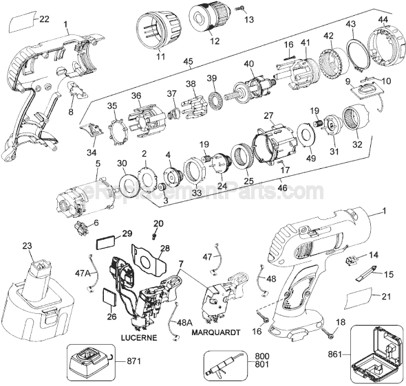 Page A Diagram and Parts List for DW994 Type 1 DeWALT Cordless Drill