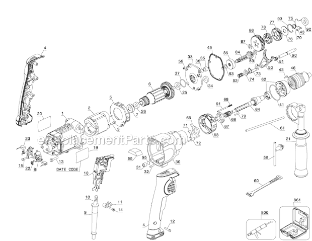 Page A Diagram and Parts List for DWD520K Type 2 DeWALT Hammer Drill