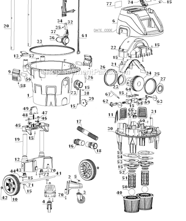 Page A Diagram and Parts List for DWV012 Type 1 DeWALT Utility Vacuum