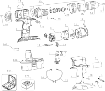 Default Diagram and Parts List for DW984K-2 Type 1 DeWALT Hammer