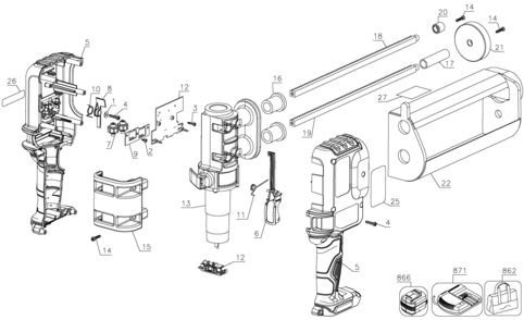 Default Diagram and Parts List for DCE595B Type 1 DeWALT Caulking Gun