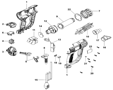 Default Diagram and Parts List for D26414-B2 Type 1 DeWALT Heat Gun