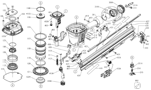 Default Diagram and Parts List for DW325PL Type 0 DeWALT Nailer
