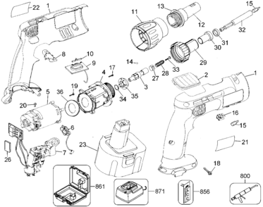 Default Diagram and Parts List for 2802K Type 1 DeWALT Screwdriver