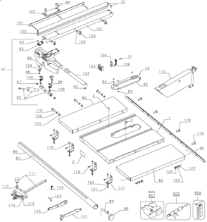 Table and Frame Diagram and Parts List for DW746XS Type 1 DeWALT Table Saw