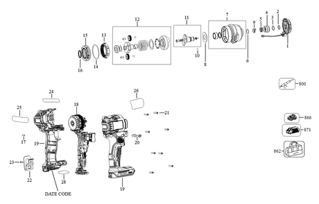 Diagram Diagram and Parts List for DCF809D2-B2 Type-2 DeWALT Cordless Drill
