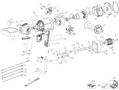Default Diagram and Parts List for DW130VK Type 1 DeWALT Boring Machine