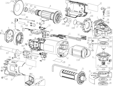 Default Diagram and Parts List for DWE4224 Type 1 DeWALT Grinder