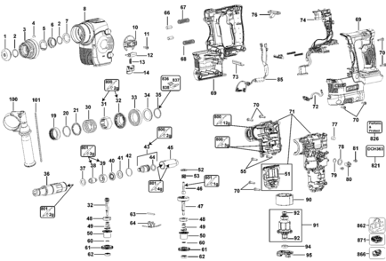 Default Diagram and Parts List for DCH363KL Type 1 DeWALT Electric Drill