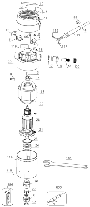 Default Diagram and Parts List for DWP690 Type 1 DeWALT Router