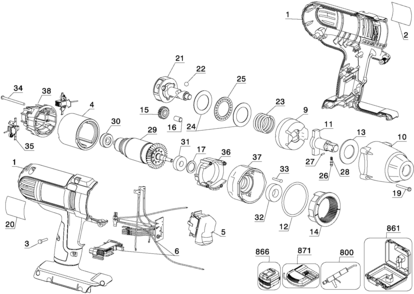 Default Diagram and Parts List for DC800KL Type 1 DeWALT Impact Driver