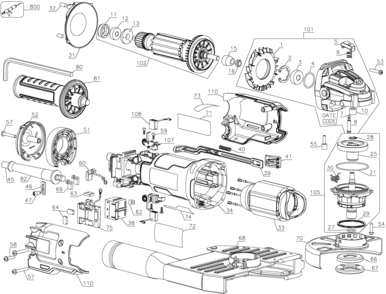 Default Diagram and Parts List for DWE46103 Type 1 DeWALT Grinder