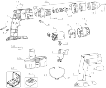 Default Diagram and Parts List for DC985VA Type 1 DeWALT Hammer Drill