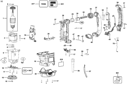 MOTOR Diagram and Parts List for D25723K Type 1 DeWALT Hammer