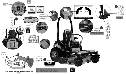 Label Map Diagram and Parts List for DXGZ148P (47AHBCA6038)(2022) DeWALT Lawn Tractor