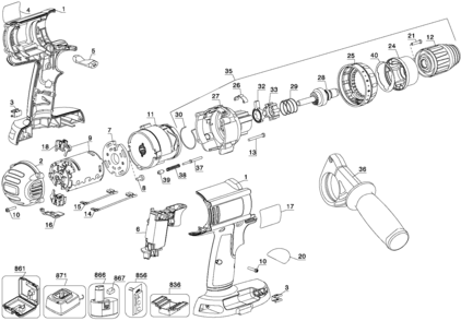 Default Diagram and Parts List for DC935KA Type 1 DeWALT Hammer Drill