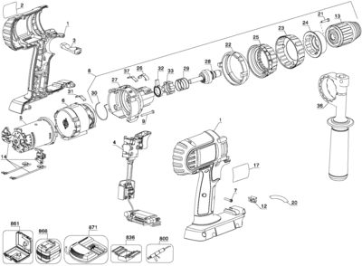 Default Diagram and Parts List for DC910KL Type 1 DeWALT Hammer