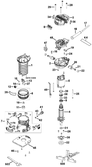 Default Diagram and Parts List for DWE6000-B3 Type 1 DeWALT Trimmer