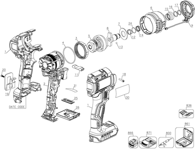 Exploded Diagram B Diagram and Parts List for DCF888D2 Type 1 DeWALT Impact Driver