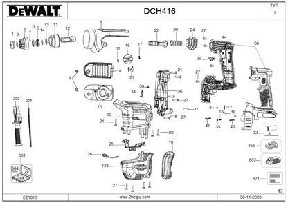 Exploded Diagram B Diagram and Parts List for DCH416B Type 1 DeWALT Hammer Drill