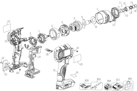 Default Diagram and Parts List for DCF885L1 Type 5 DeWALT Electric Drill