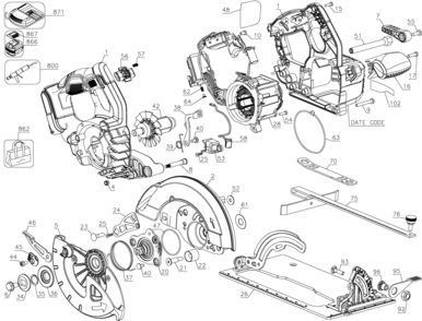 Default Diagram and Parts List for DCS575T2-AR Type 1 DeWALT Circular Saw