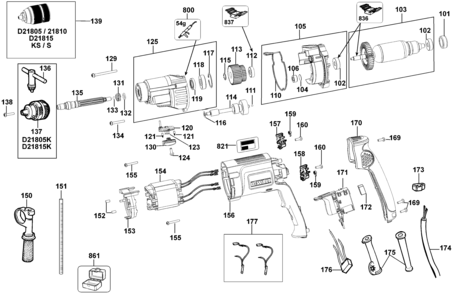 Default Diagram and Parts List for D21815K-B2 Type 1 DeWALT Hammer Drill