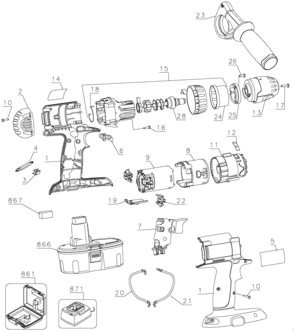 Default Diagram and Parts List for DC986KA Type 1 DeWALT Hammer