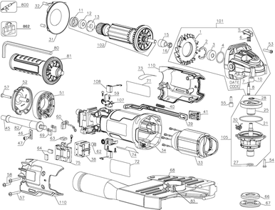 Exploded Diagram A Diagram and Parts List for DWE46103 Type 1 DeWALT Grinder