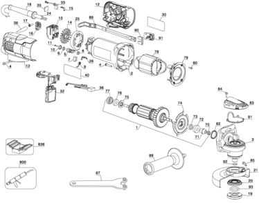 Default Diagram and Parts List for D28136-B2 Type 1 DeWALT Grinder