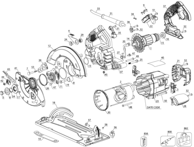 Default Diagram and Parts List for DWE574 Type 1 DeWALT Circular Saw
