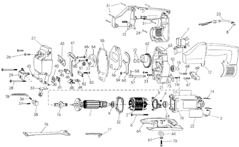Default Diagram and Parts List for DW318-AR Type 2 DeWALT Jig Saw