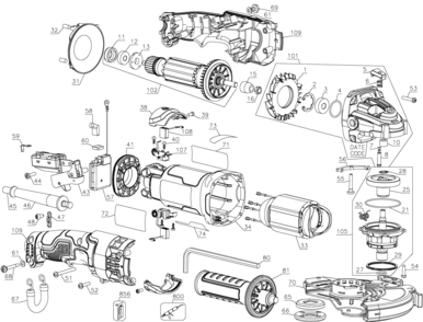 Default Diagram and Parts List for DWE46166N Type 1 DeWALT Grinder
