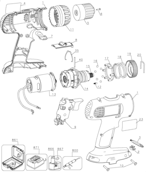 Default Diagram and Parts List for DC727KA-B2 Type 1 DeWALT Boring Machine