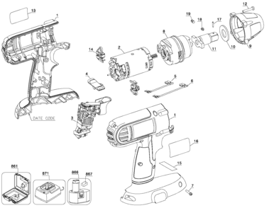 Default Diagram and Parts List for DC821B Type 1 DeWALT Wrench