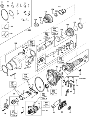 Default Diagram and Parts List for D25113K-BR Type 1 DeWALT Hammer