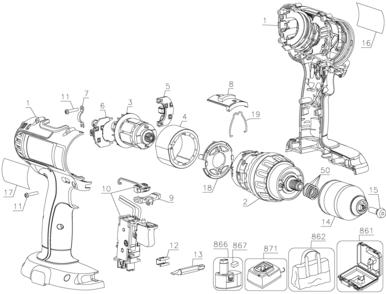 Default Diagram and Parts List for DC725KA Type 1 DeWALT Hammer Drill