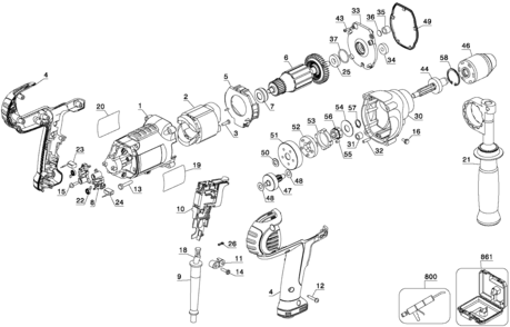 Default Diagram and Parts List for DWD215GK Type 1 DeWALT Boring Machine