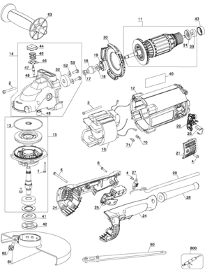 Default Diagram and Parts List for D28490-BR Type 1 DeWALT Grinder