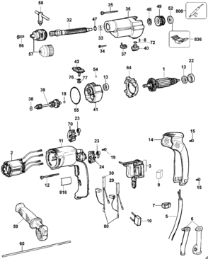 Default Diagram and Parts List for DW505-B2 Type 3 DeWALT Hammer Drill