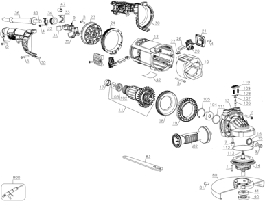 Default Diagram and Parts List for DWE4557-BR Type 1 DeWALT Angle Grinder