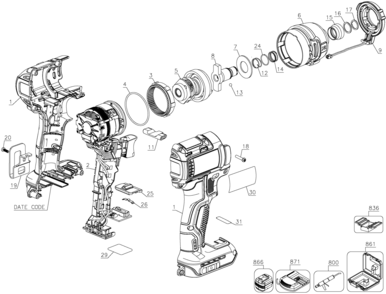 Default Diagram and Parts List for DCF887B-AR Type 1 DeWALT Impact Driver