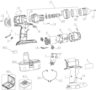 Default Diagram and Parts List for DC984KA-AR Type 1 DeWALT Hammer Drill