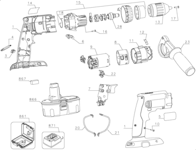 Default Diagram and Parts List for DC989KA Type 1 DeWALT Hammer Drill