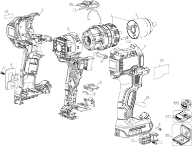 Default Diagram and Parts List for DCD796D2BT Type 1 DeWALT Electric Drill