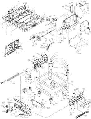 Default Diagram and Parts List for DW745-B2 Type 1 DeWALT Table Saw
