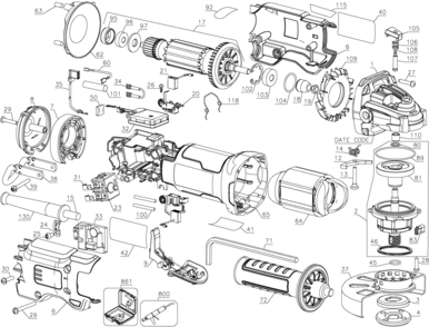 Default Diagram and Parts List for DWE4222N Type 3 DeWALT Grinder