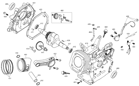 Crankcase, Piston & Governor Diagram and Parts List for DG3000C Type 1 DeWALT Generator