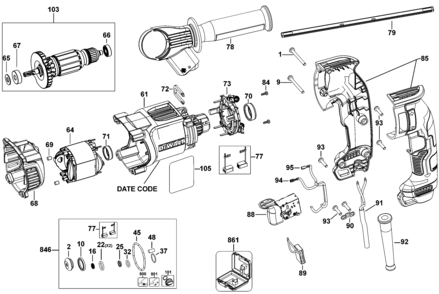 Default 2 Diagram and Parts List for D25134K-BR Type 1 DeWALT Hammer