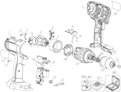 Default Diagram and Parts List for DCD770KL Type 1 DeWALT Hammer Drill